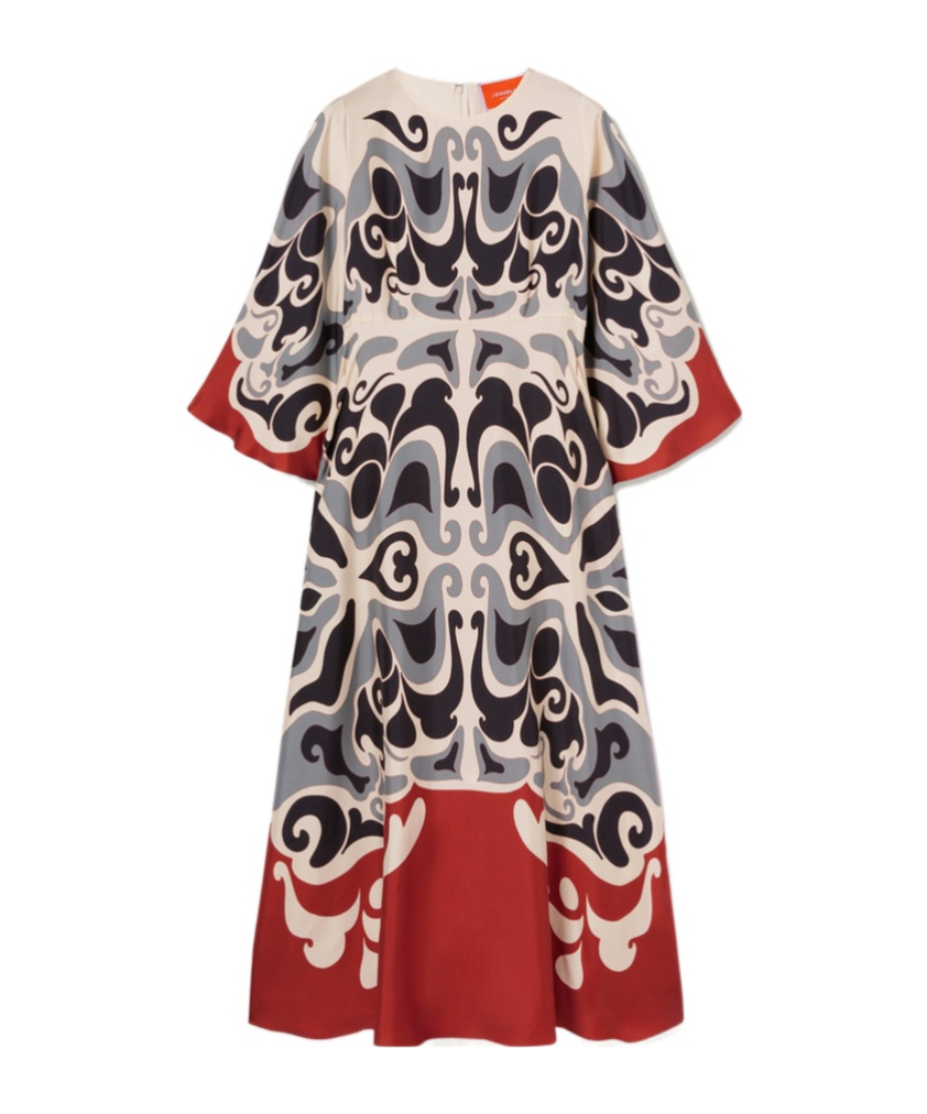 La Doublej Multicolor Long Dress With Round Neck And All Over Motif In Silk Woman In White