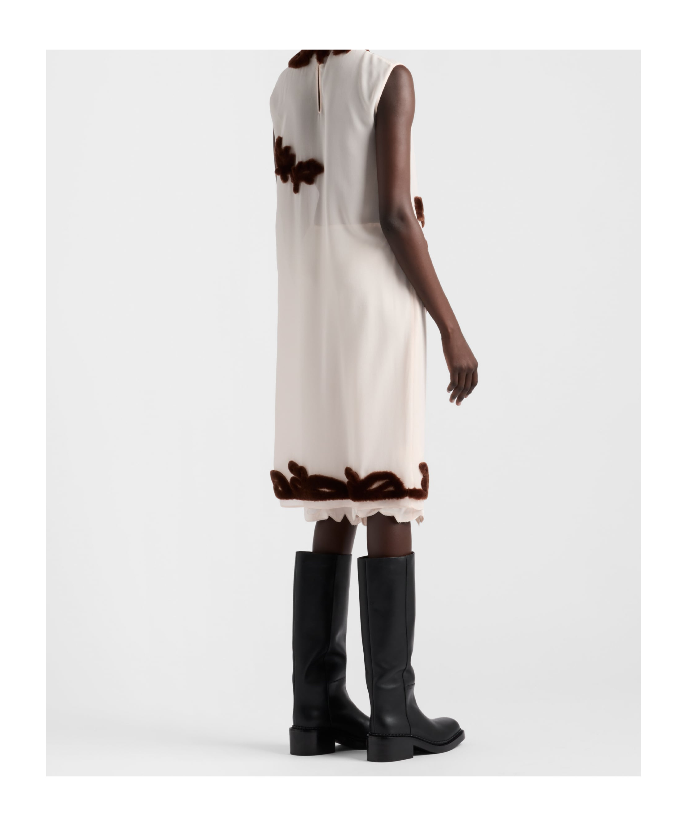 Prada Georgette Dress With Floral Appliqué And Tie Waist In Brown