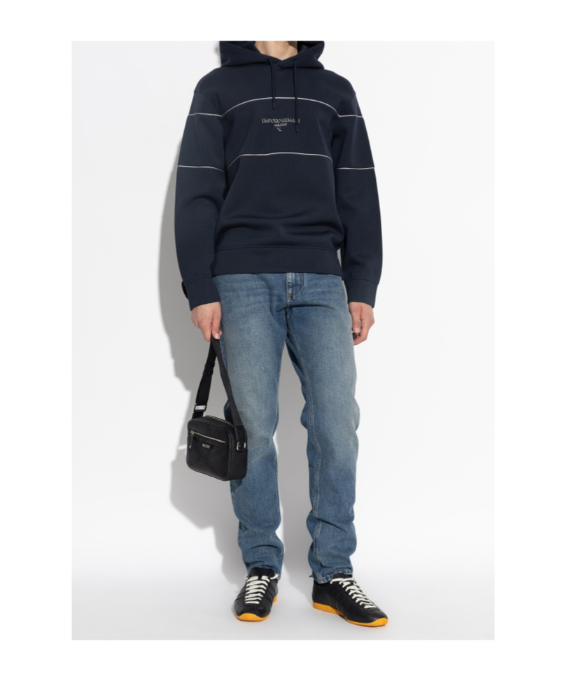 Emporio Armani Double-jersey Hooded Sweatshirt With 3d-effect Logo In Blue