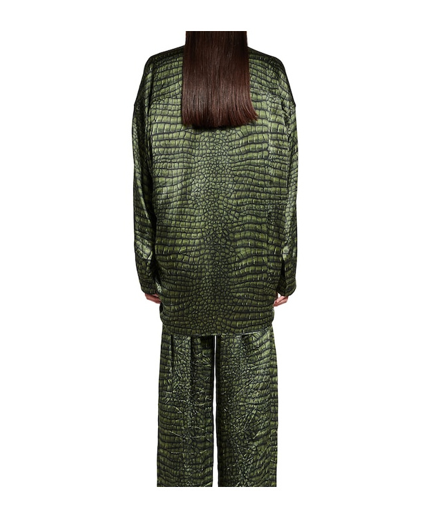 Balenciaga Crocodile Print Satin Button Down Cocoon Blouse In Green