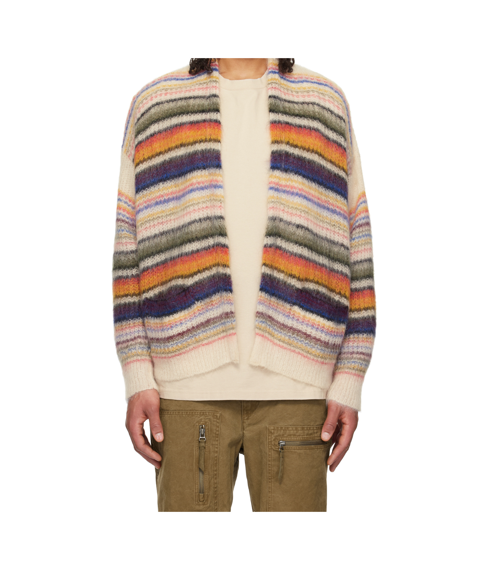 Isabel Marant Brushed Knit Mohair-blend Cardigan. Intarsia Stripes Throughout. In Nude