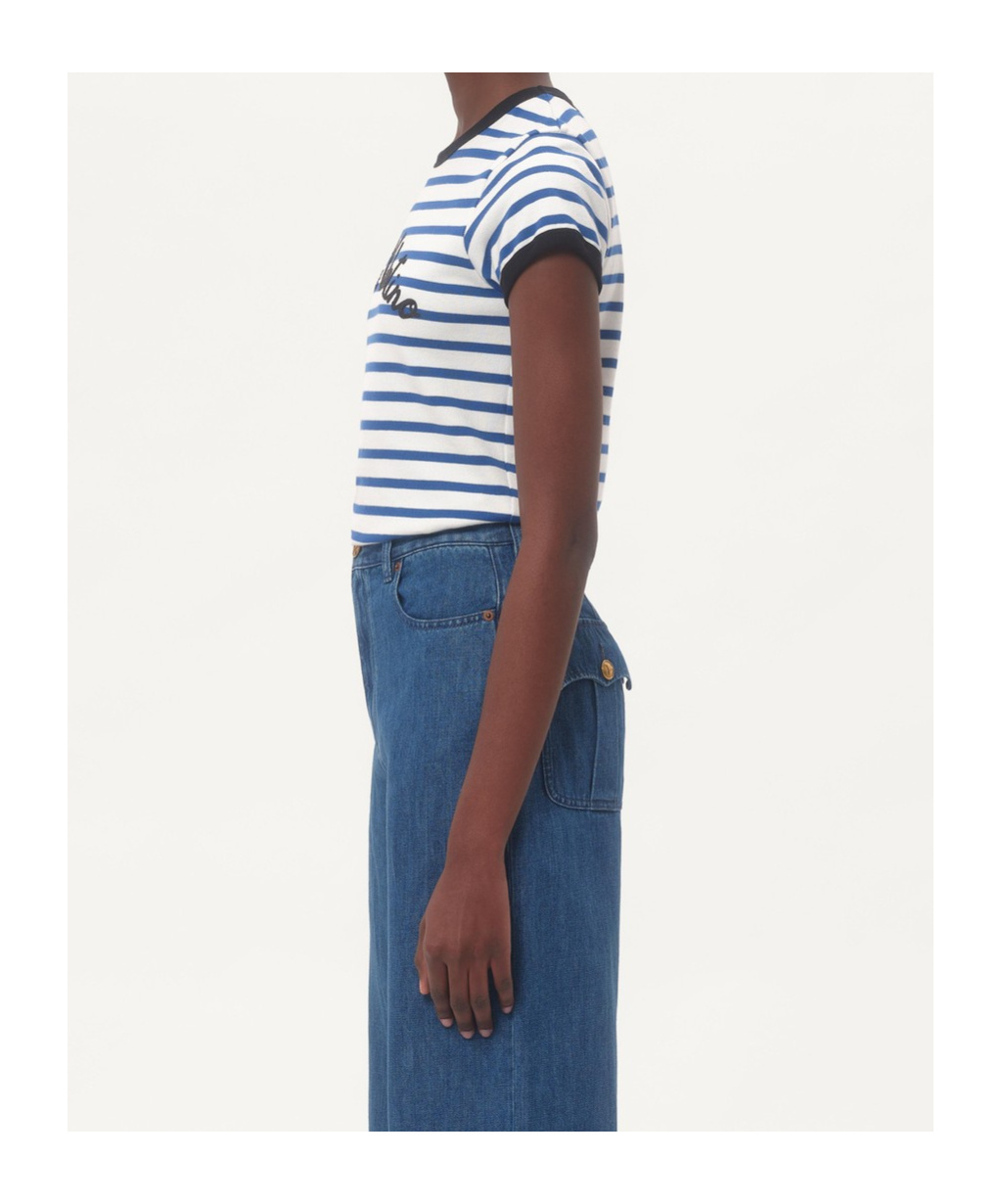 Valentino Womens Striped Embroidered Cotton-jersey T-shirt Avorio Blu In White