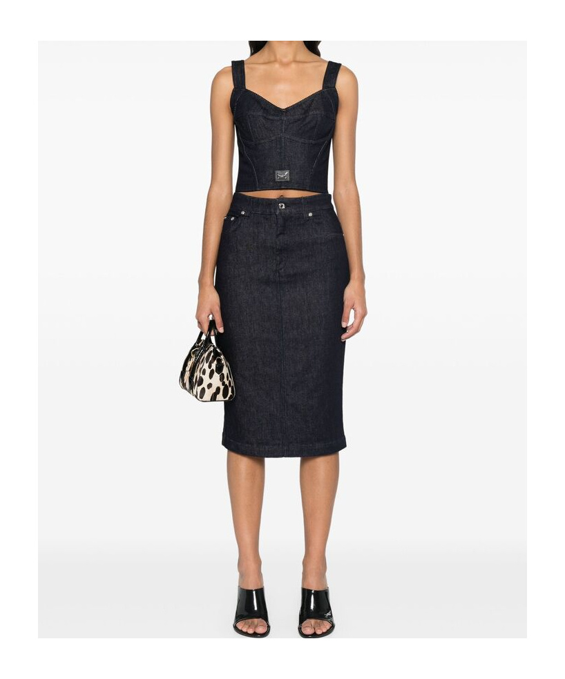 Dolce & Gabbana Navy Stretch Five Pocket Pencil Denim Midi Skirt In Black