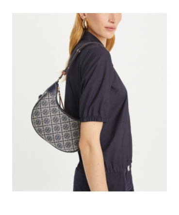 Tory Burch T-monogram Jacquard Crescent Shoulder Bag In Gray