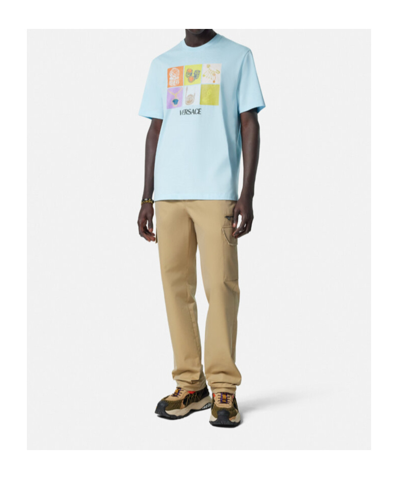 Versace Crew Neck Graphic Print Short Sleeves In Blue