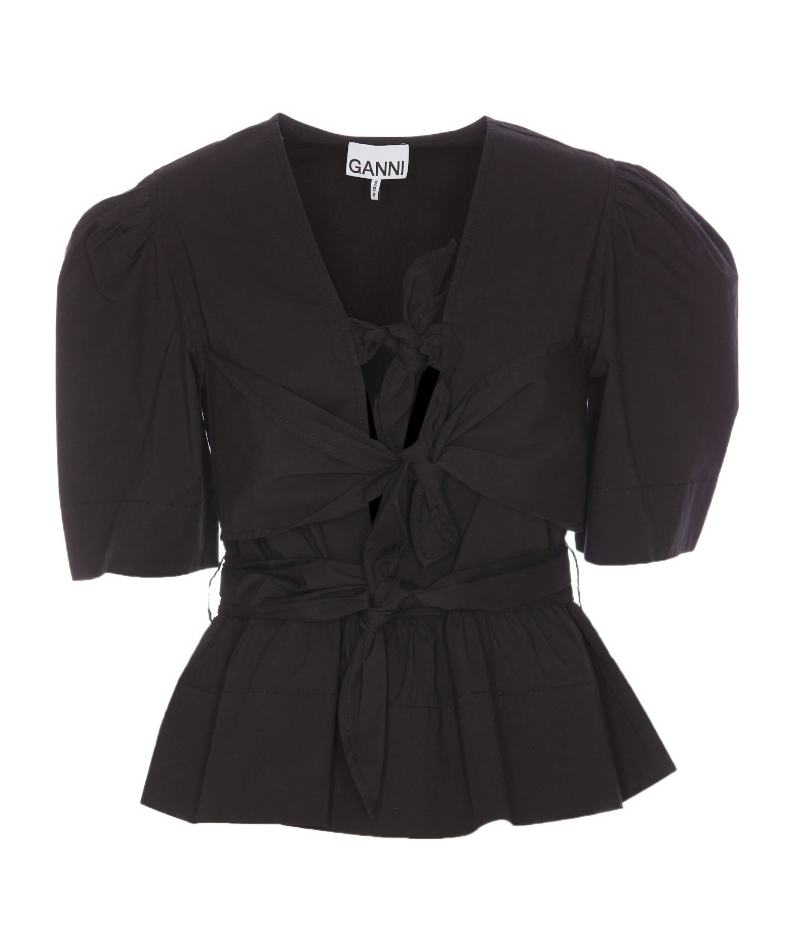 Shop Ganni Black Washed Stretch Cotton Tie Strap Blouse