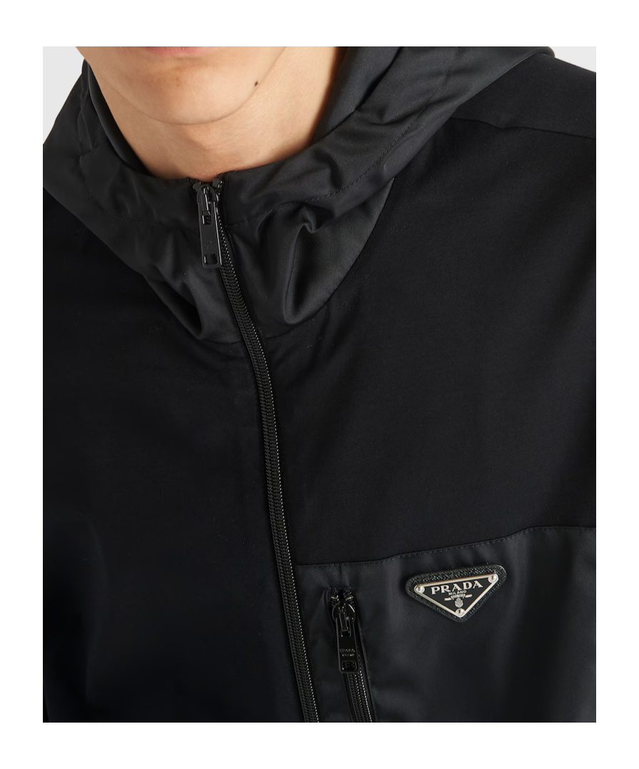 Prada Stretch Cotton Hooded Sweatshirt Chest Pocket In Black