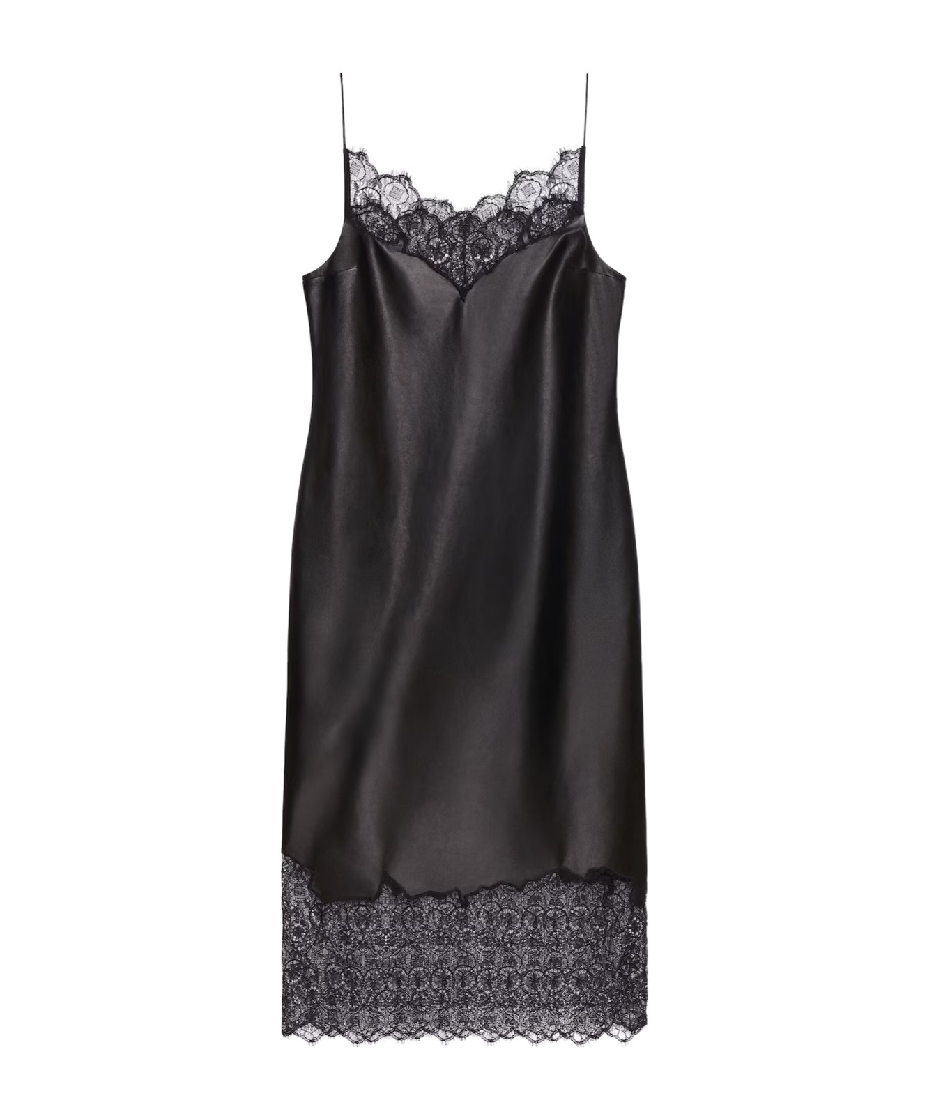 Givenchy Black Lace Trim Leather Midi Dress In Black