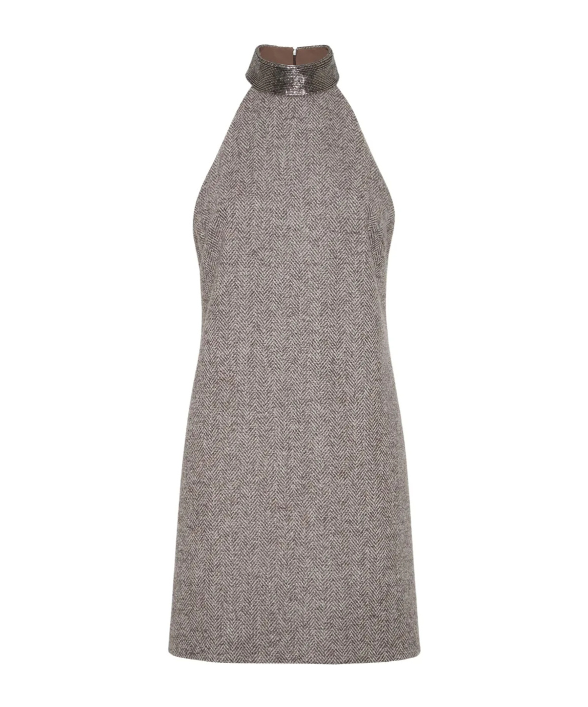 Brunello Cucinelli Halter-neck Herringbone Tweed Dress In Gray