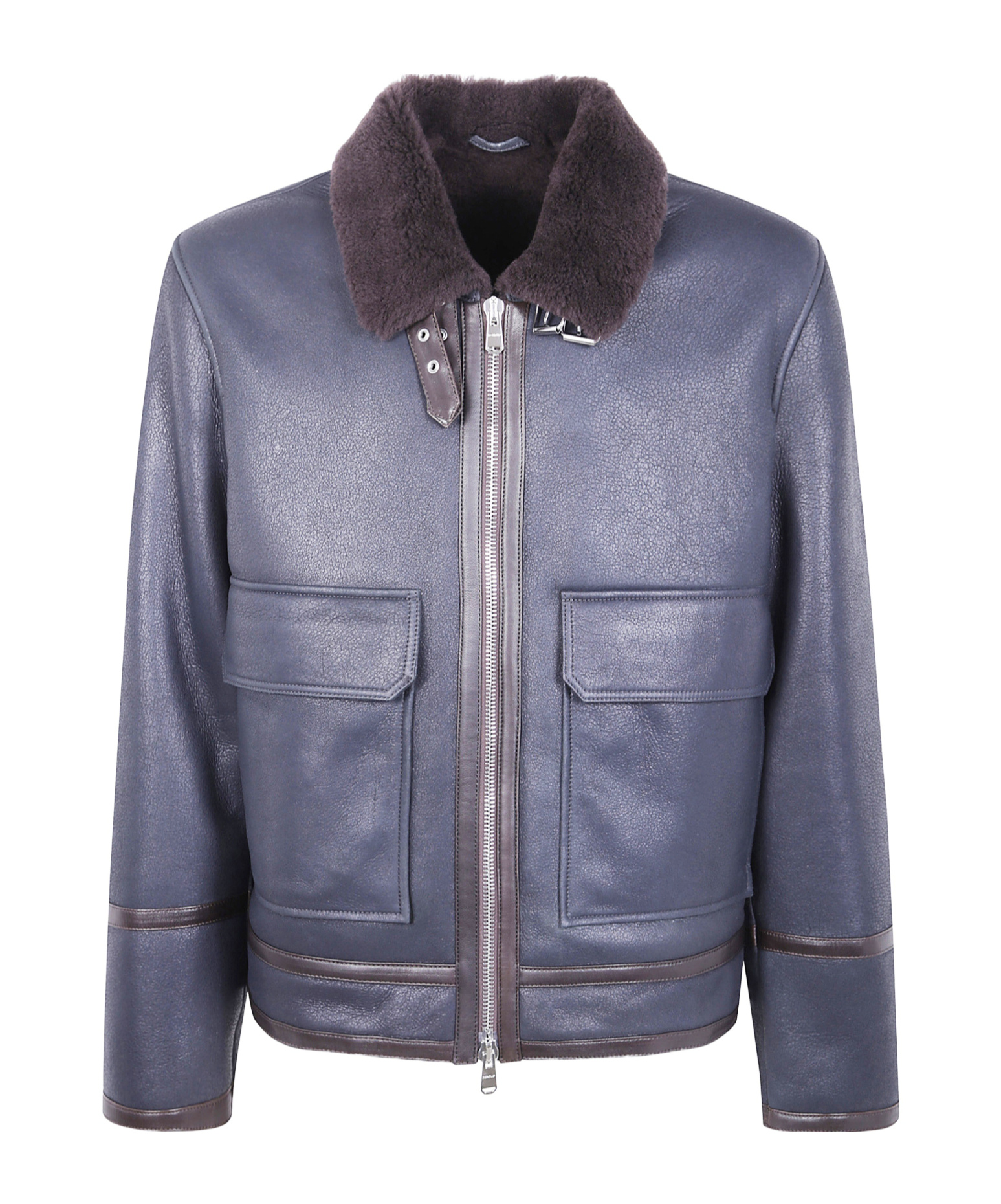 Dondup Buckle Leather Patch Shearling Collar Jacket In Blue