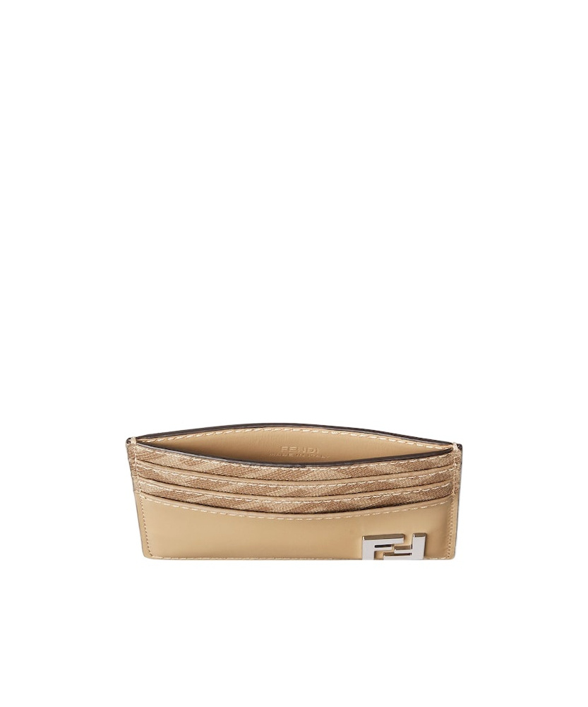 Fendi Beige Leather And Beige Ff Canvas Card Holder In Brown