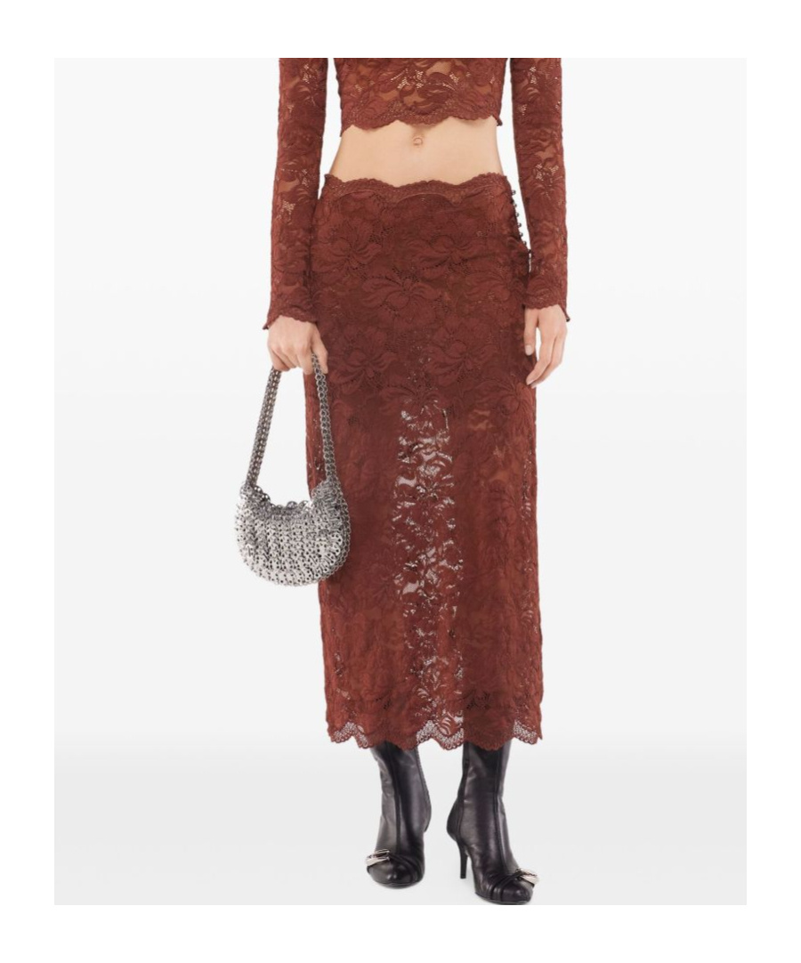Rabanne Floral Lace Brown Midi Skirt With Scalloped Hem In Brown