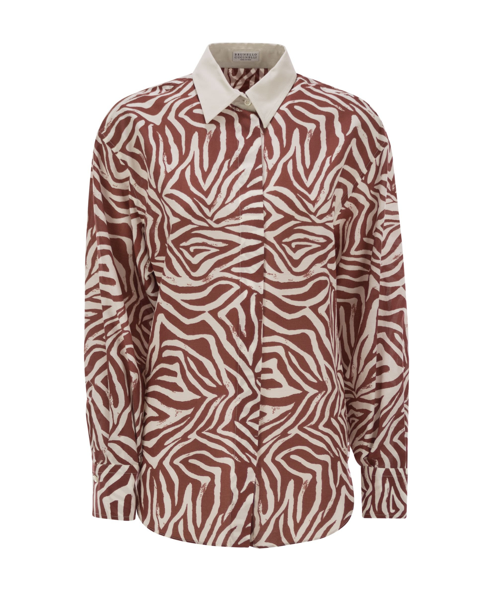 Brunello Cucinelli Cotton And Silk Ethnic Print Poplin Shirt In Nude