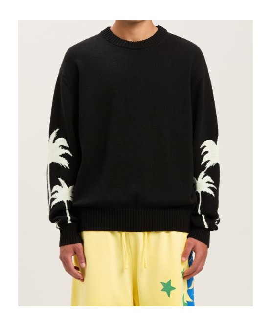 Palm Angels Black Sweater With Palms Motifs In Cotton And Wool Blend Man In Black