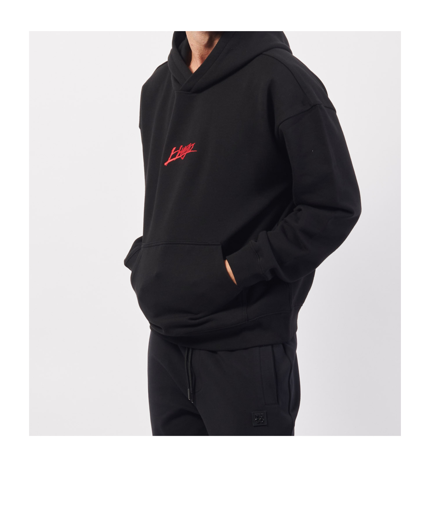 Hugo Boss Dlogolong Cotton Logo Embroidered Relaxed Fit Hoodie In Black