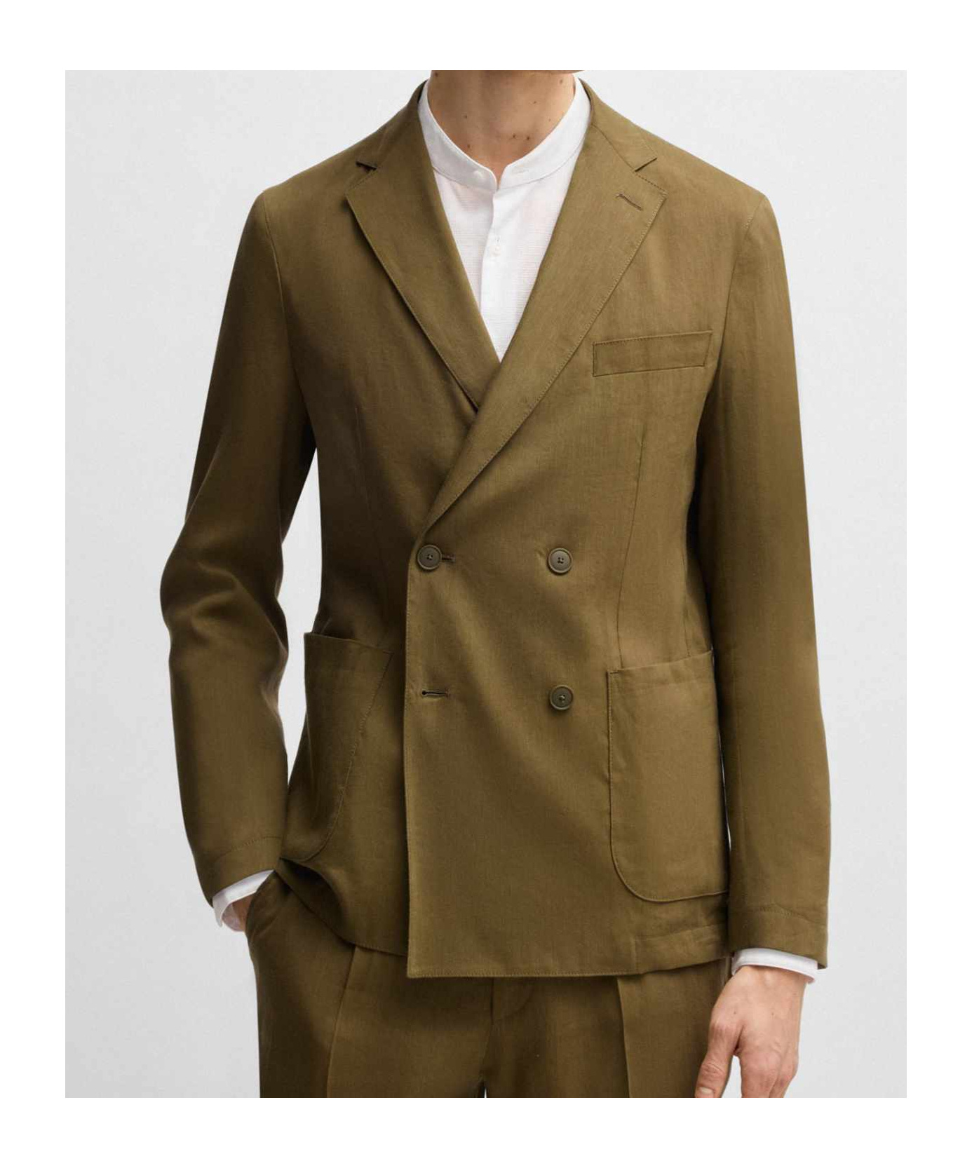 Hugo Boss Boss Double-breasted Linen Blend Jacket In Khaki