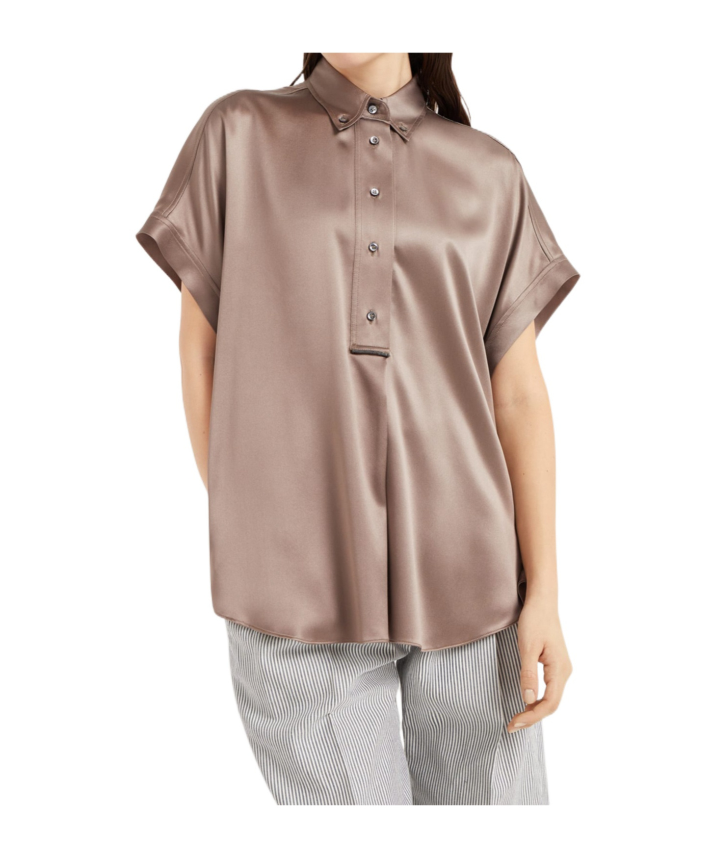 Brunello Cucinelli Monili-embellished Silk Shirt In Nude