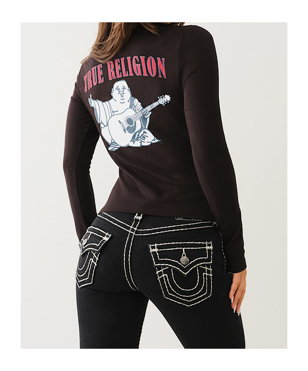 TRUE RELIGION CRYSTAL LOGO LONG SLEEVE V NECK TEE