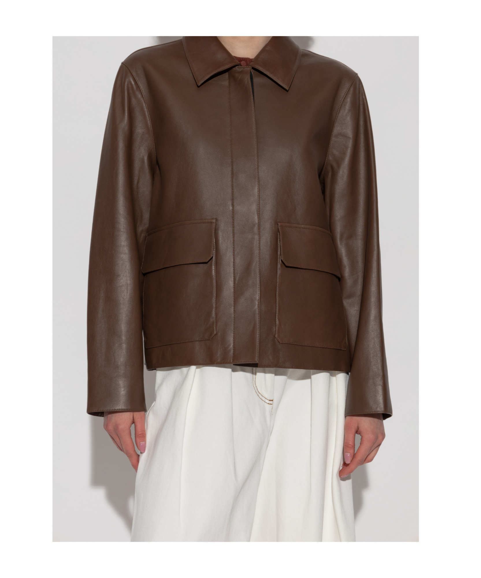 Theory Womens Boxy Two-flap-pockets Relaxed-fit Leather Jacket Clove In Brown