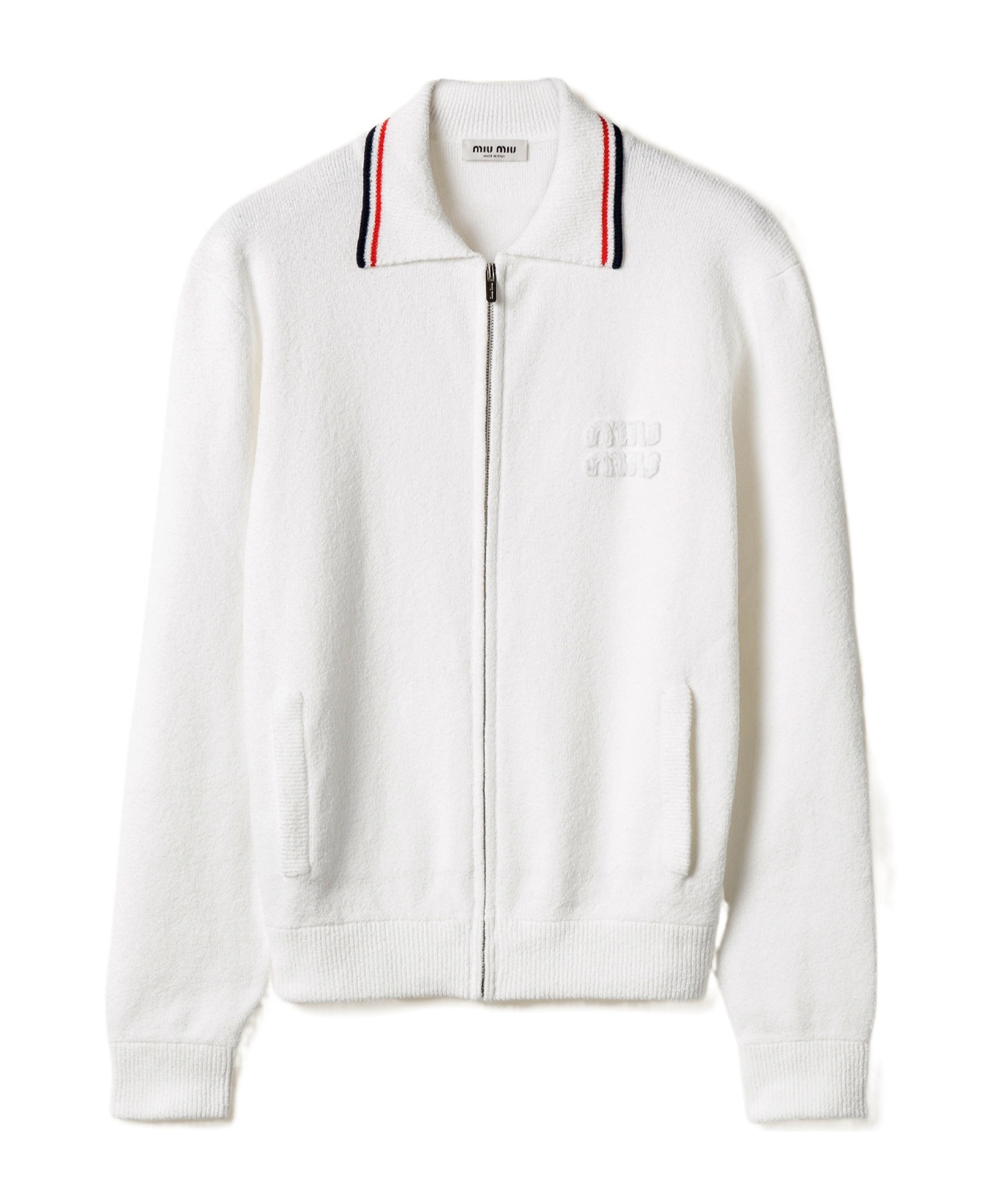 Miu Miu Stretch Cotton Blend Cardigan With Contrast Collar In White
