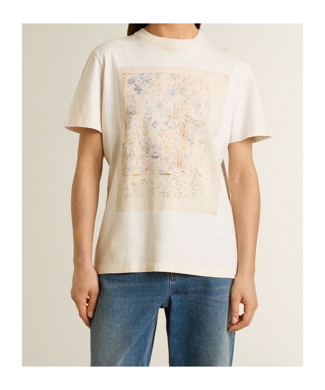 Golden Goose Crew Neck Floral Print Short Sleeves In Neutral