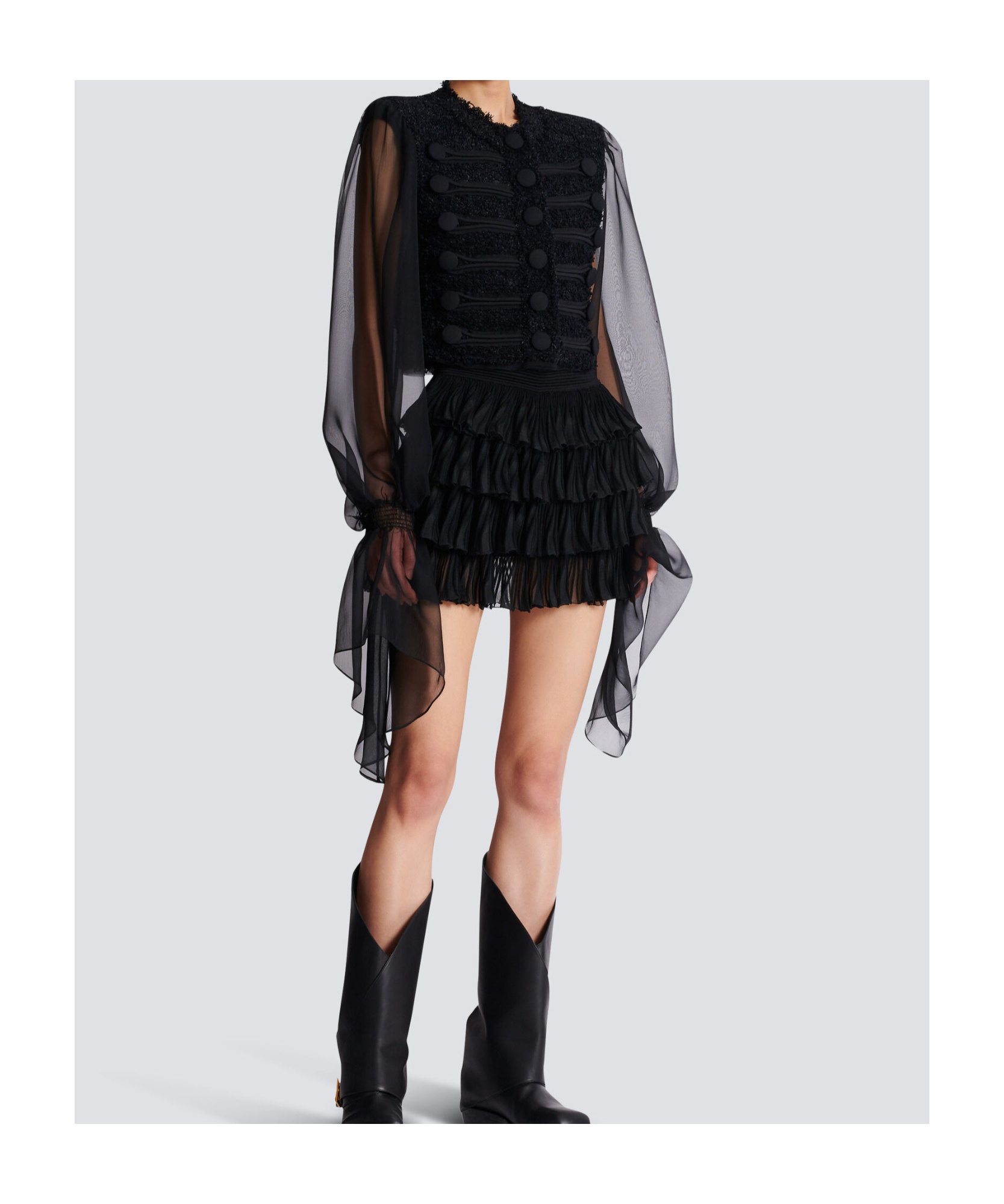 Balmain Edge-to-edge Tweed And Chiffon Jacket In Black