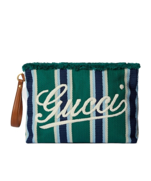 Gucci Large Embroidered Canvas Pouch In Green