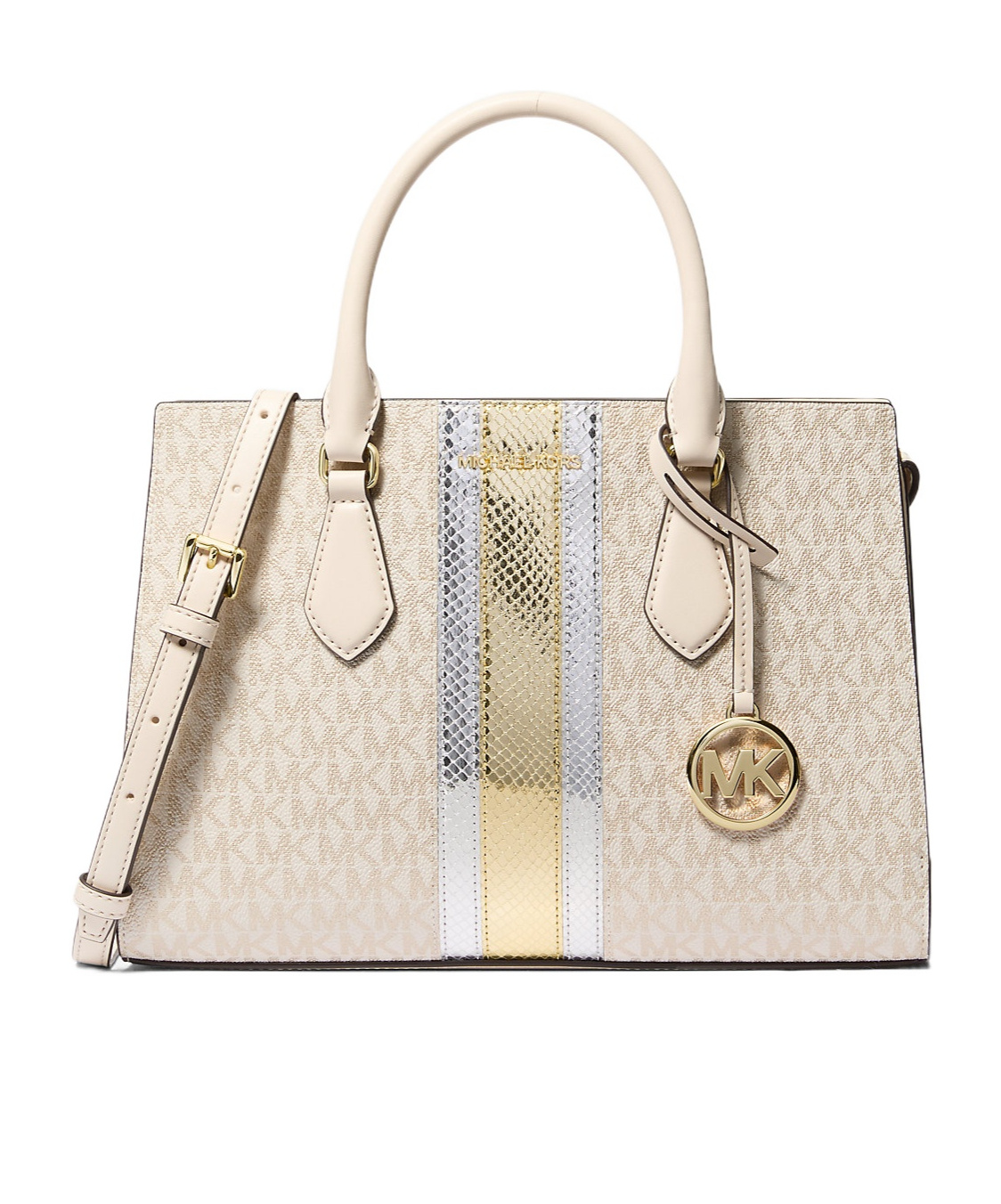 Michael Kors Medium Signature Logo And Metallic Satchel In Nude
