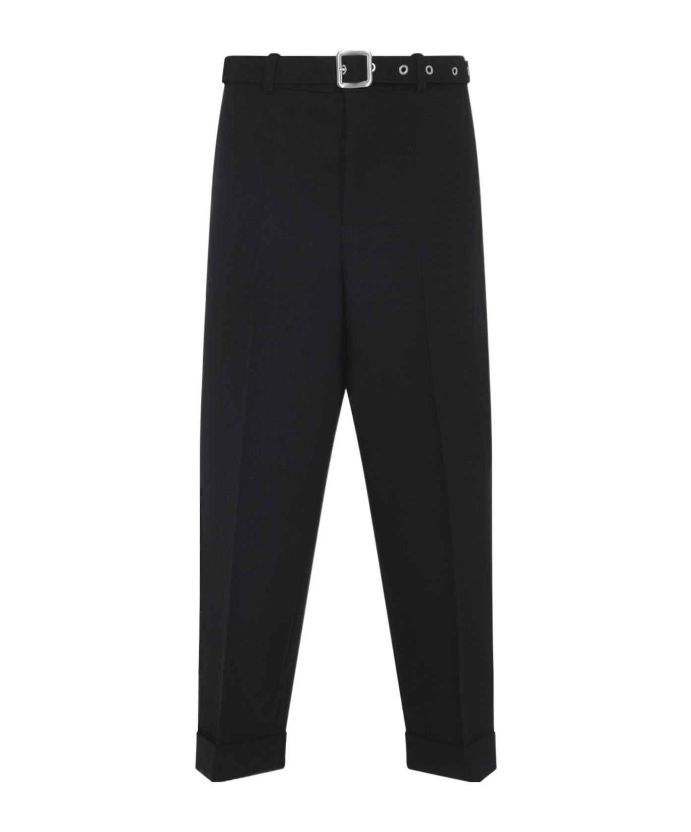 Jil Sander Relaxed Fit Black Wool Pants With Detachable Belt And Turn-up Hem In Black