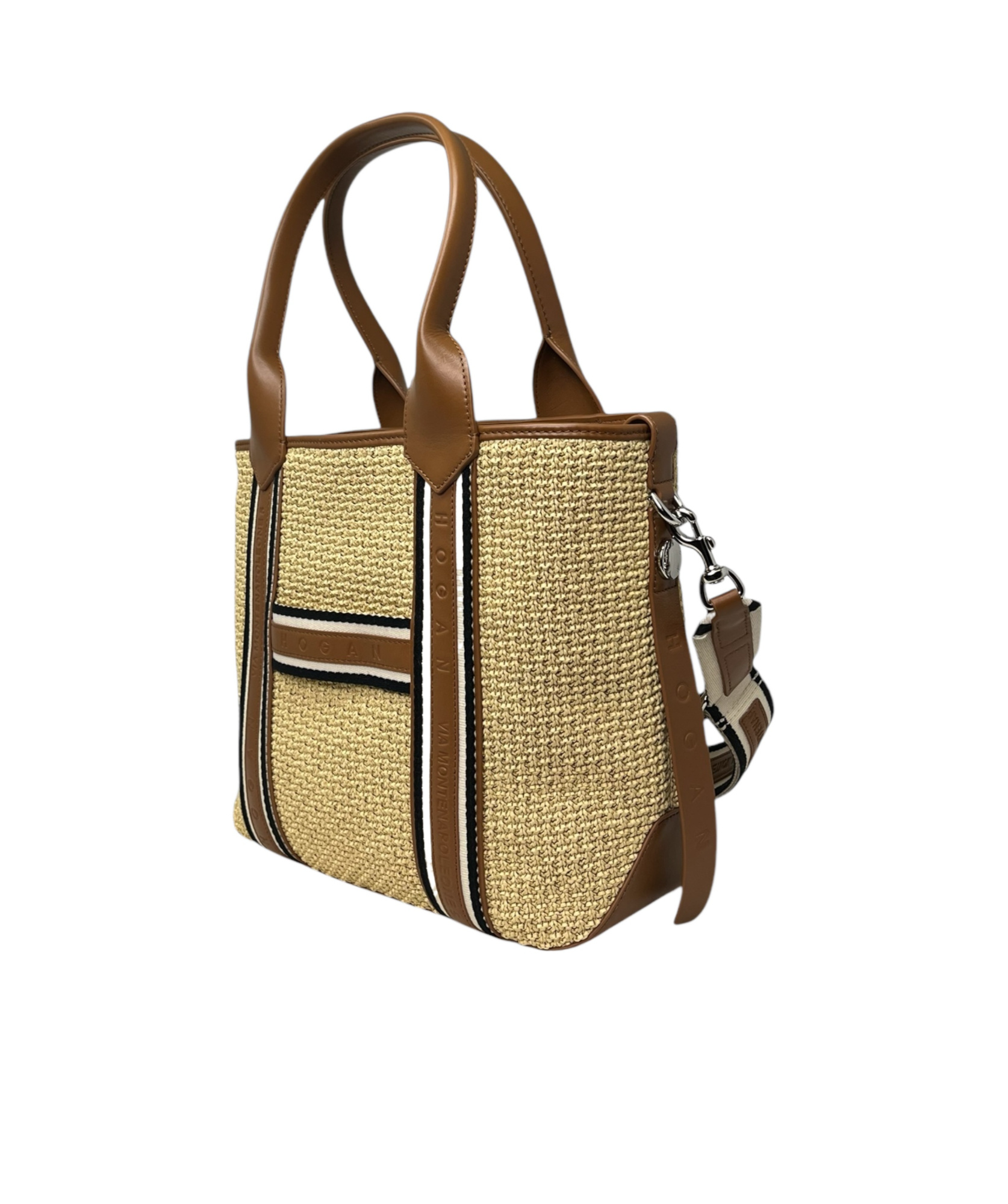 Hogan Small Raffia Script Shopping Bag With Brown Leather Details In Green