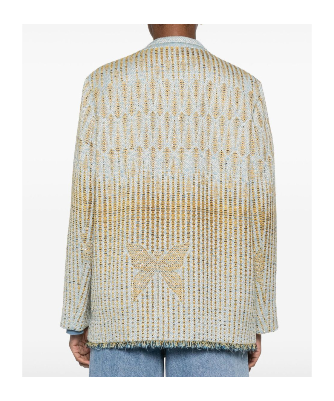 Forte Forte Textured Jacquard Blazer With Notched Lapel And Frayed Edges In Blue