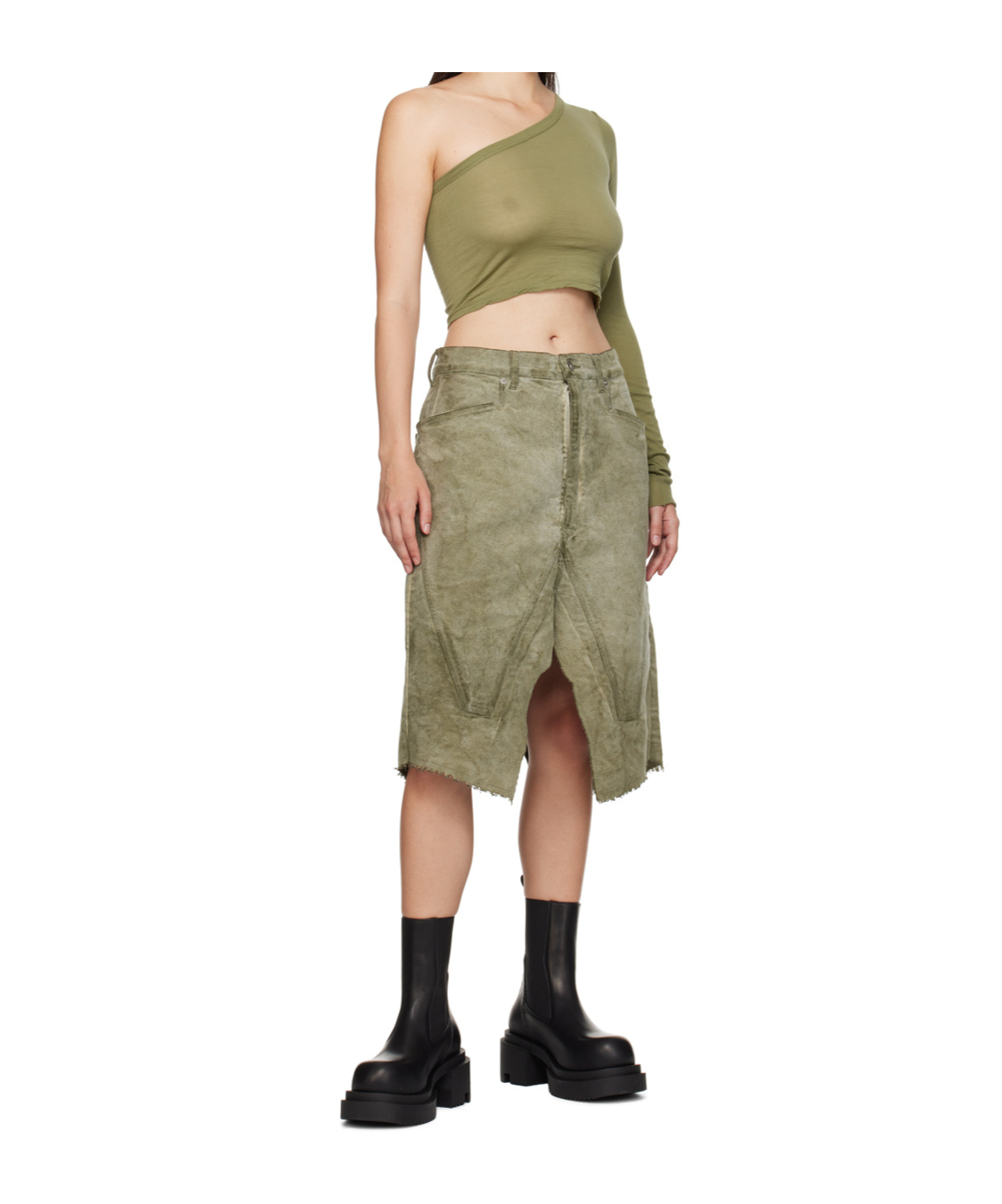 Rick Owens Drkshdw Khaki Porterville Slivered Midi Skirt In Multi