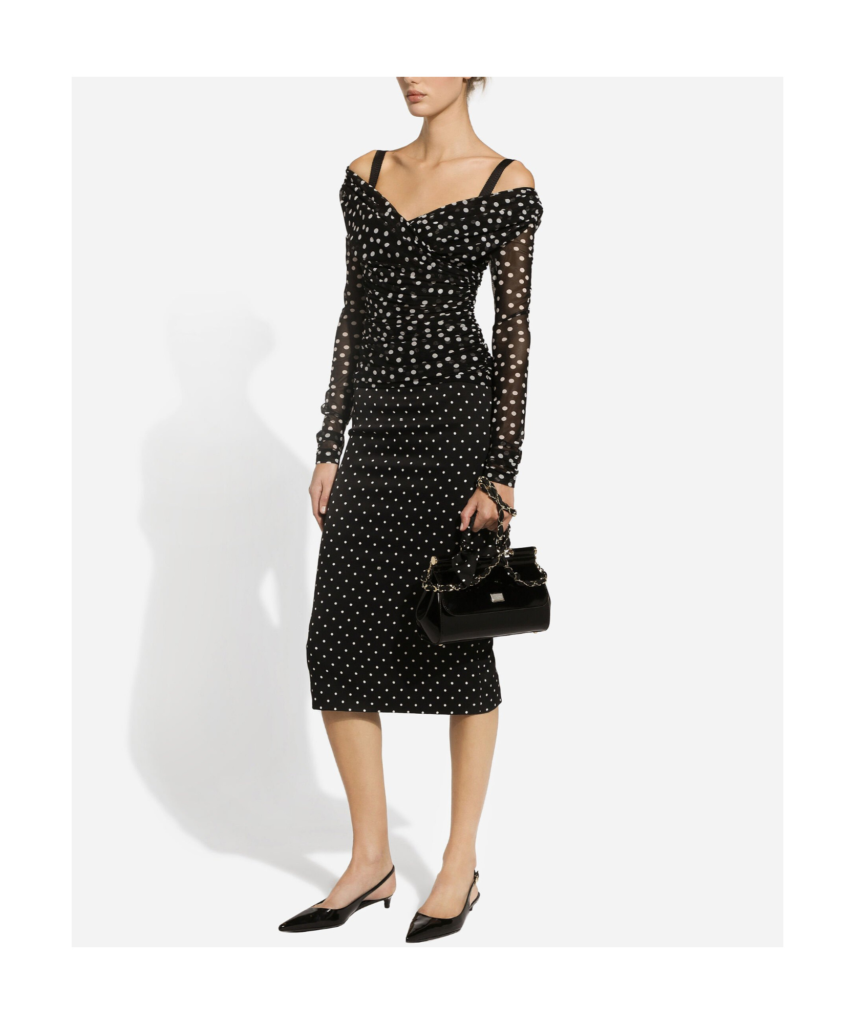 Dolce & Gabbana Stretch Tulle Top With Crossover Neckline And Polka Dot Print In Black