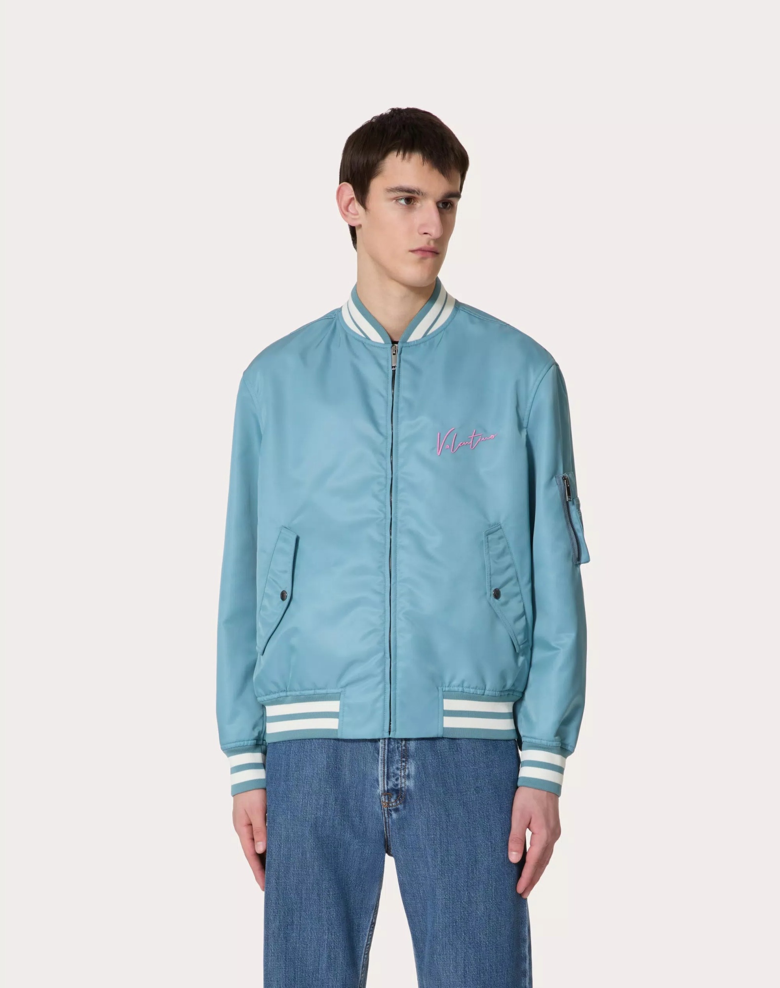 Valentino Nylon Bomber Jacket With Embroidery And Print. In Blue