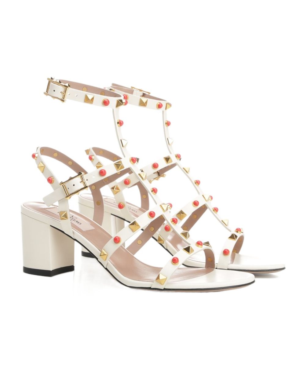 Valentino Rockstud Caged Ankle-strap Leather Sandals In White