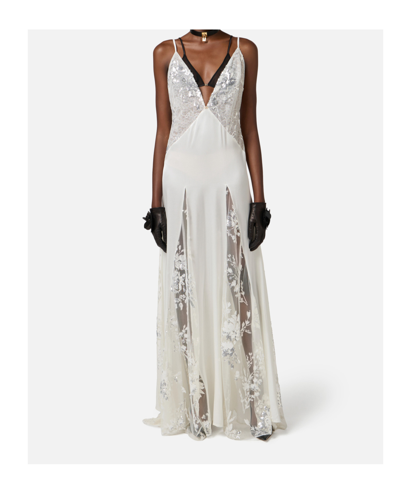 Elisabetta Franchi Red Carpet Dress In Silk Georgette Fabric And Embroidered Lace In Ivory