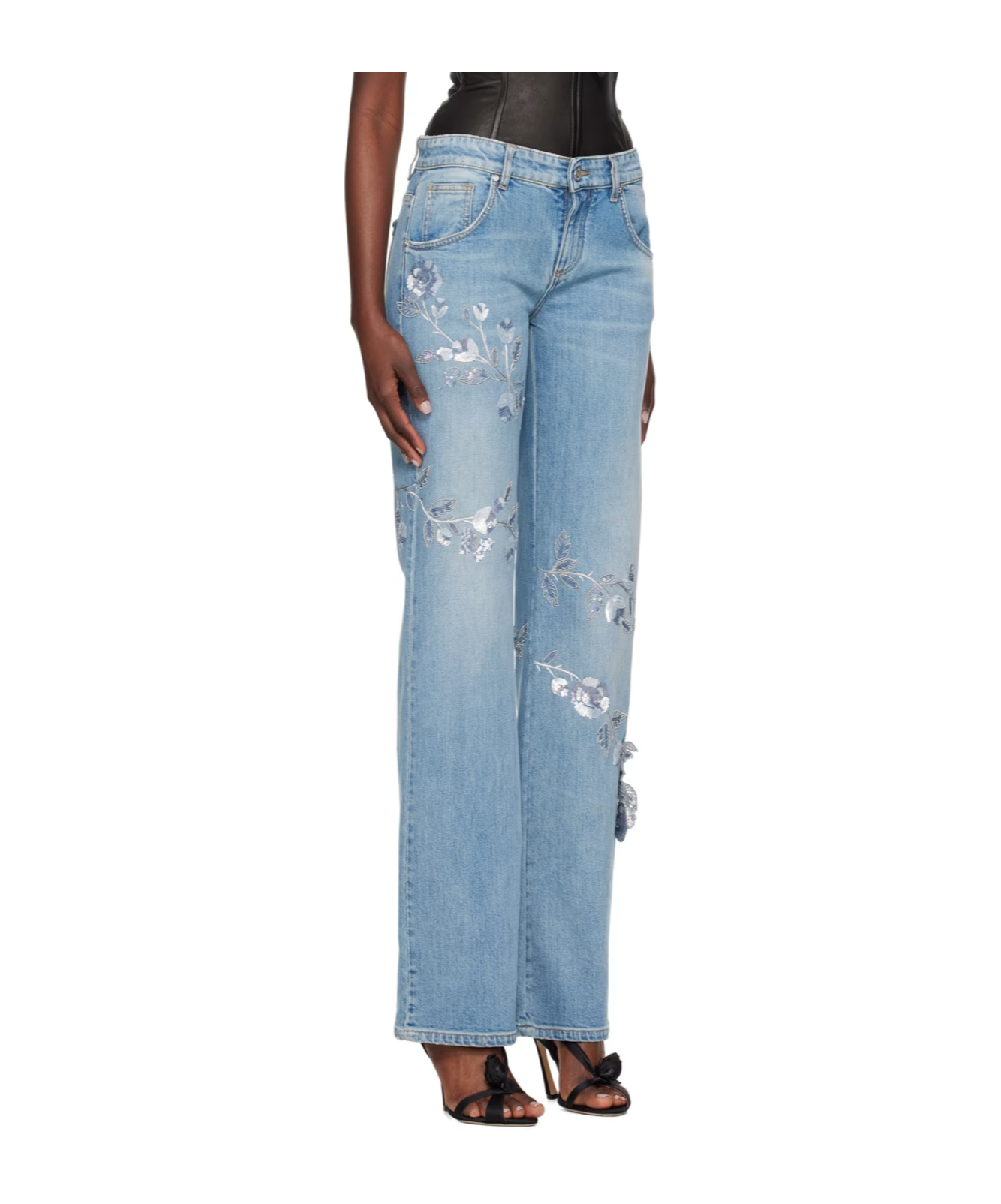 Shop Blumarine Floral Sequined Jeans In Blue