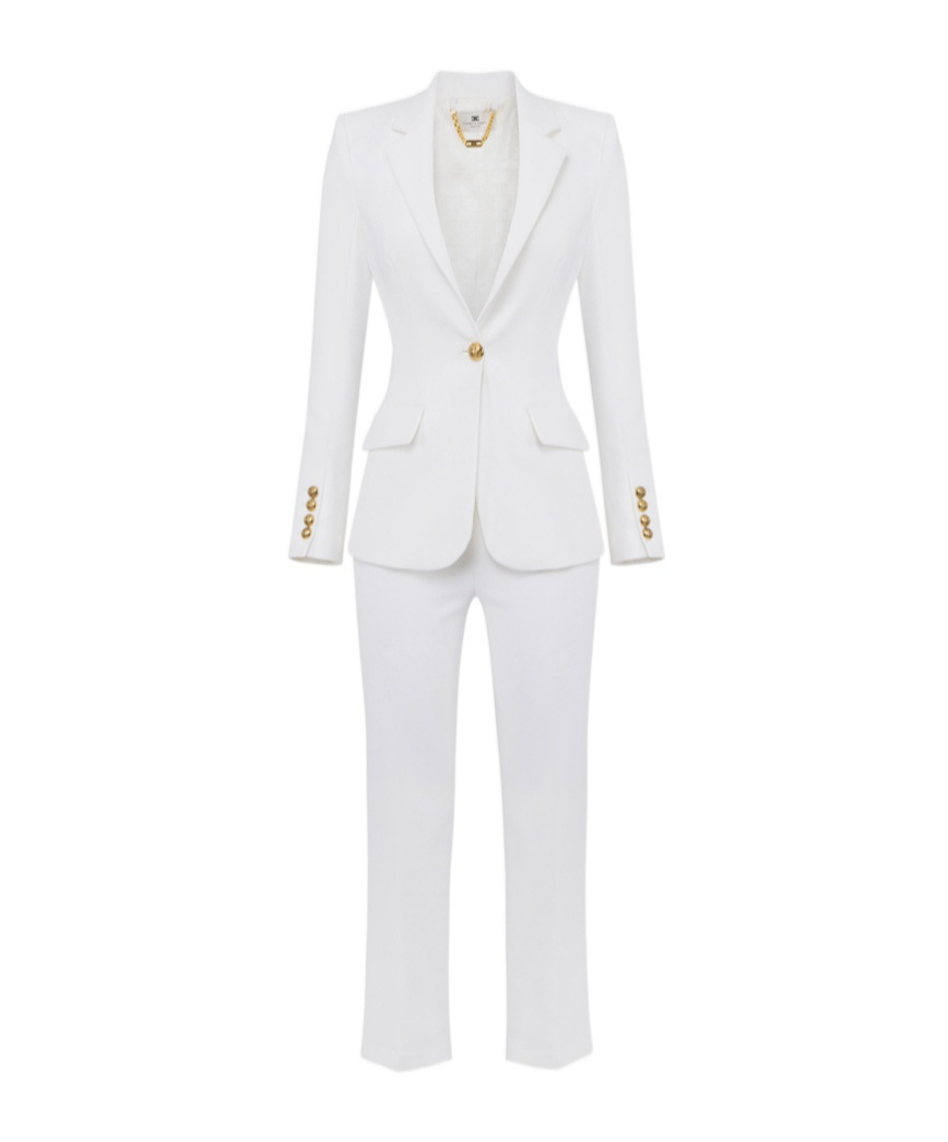 Elisabetta Franchi Cropped White Suit With Classic Blazer And Jewel Button In White