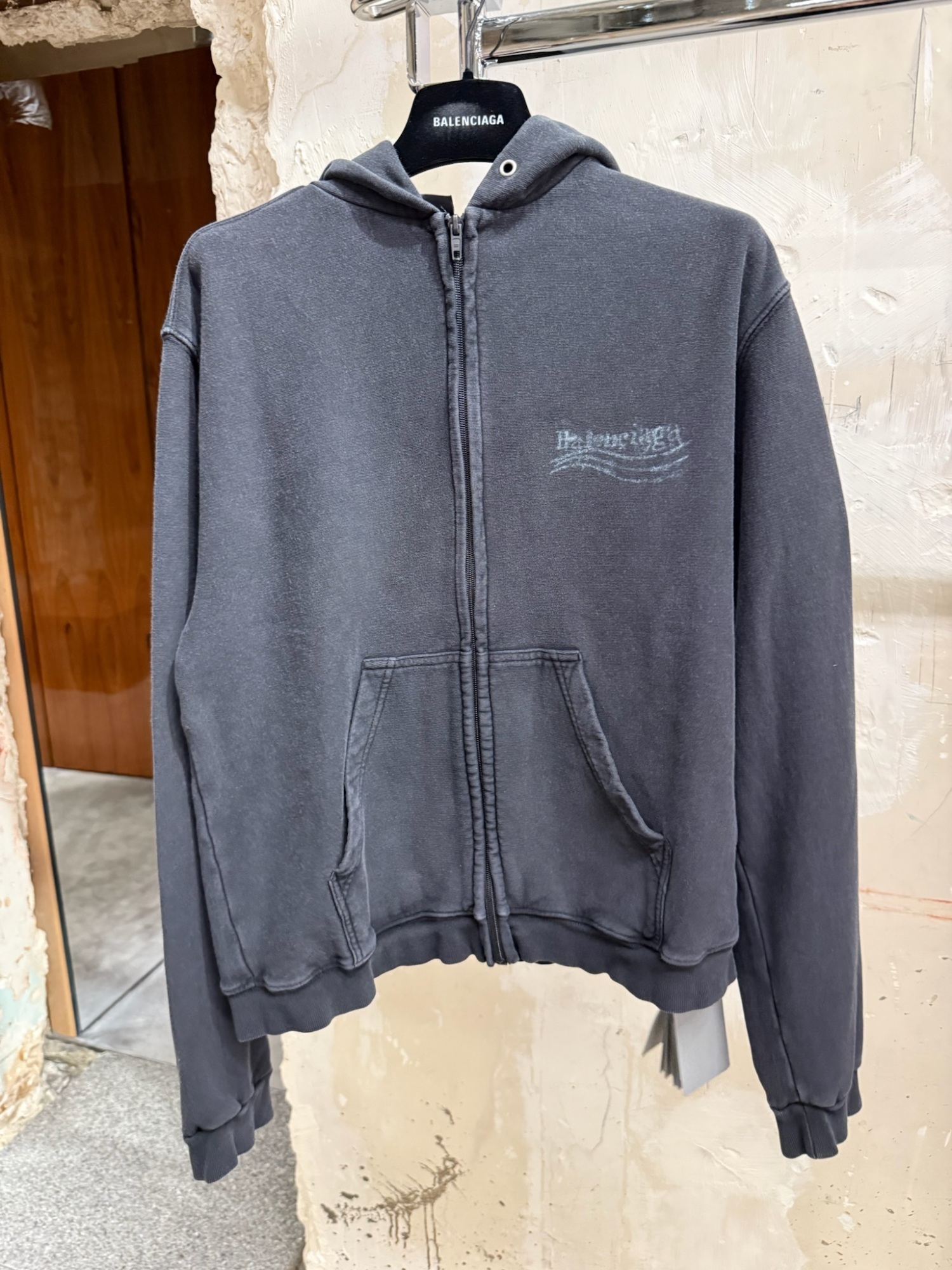 Balenciaga Zip-up Hooded Sweatshirt In Gray