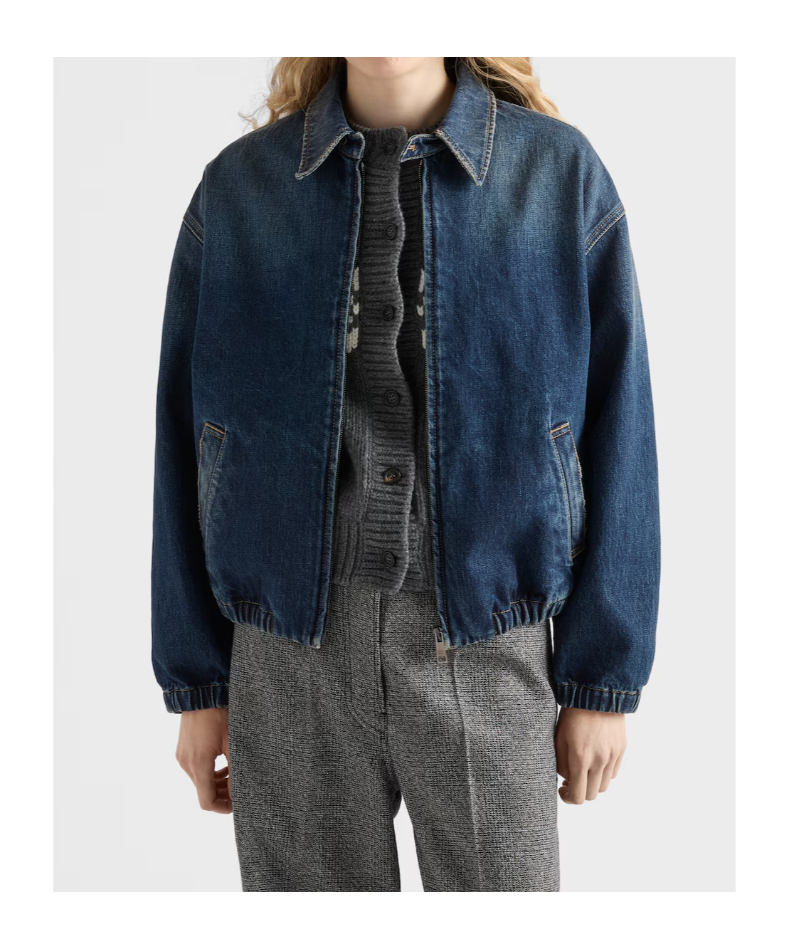 Prada Washed Denim Blouson Jacket In Blue