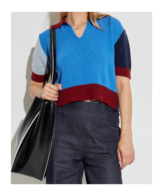 Marni V-neck Colorblock Crop Polo Sweater In Blue