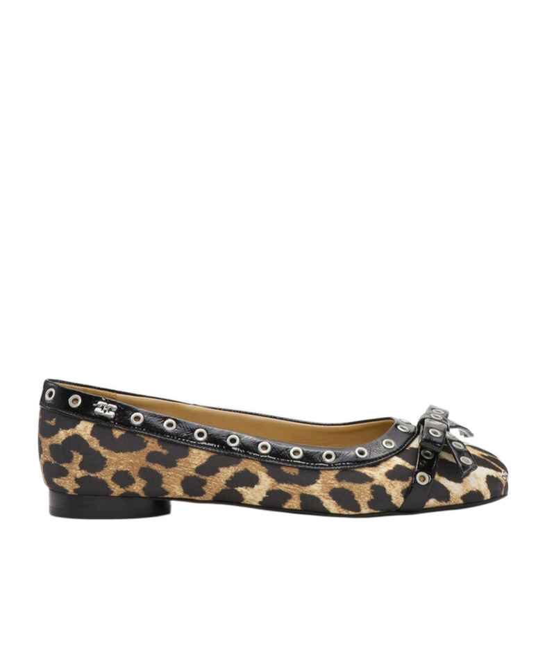 Ganni Eyelet Bow Leopard-print Satin Ballet Flats In Black