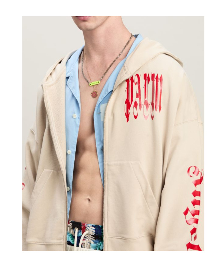 Palm Angels Gothic Logo-print Zipped Hoodie In Nude