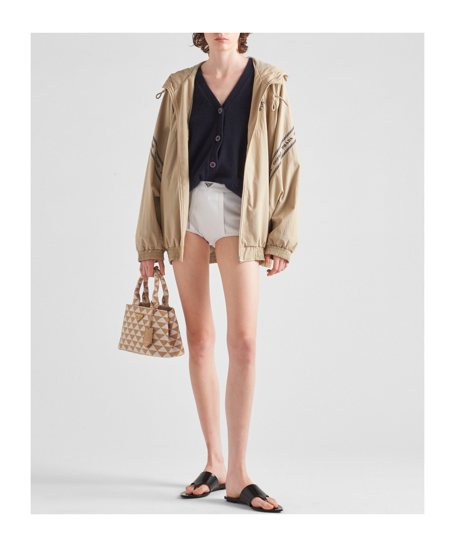 Prada Logo-embroidered Hooded Jacket In Brown