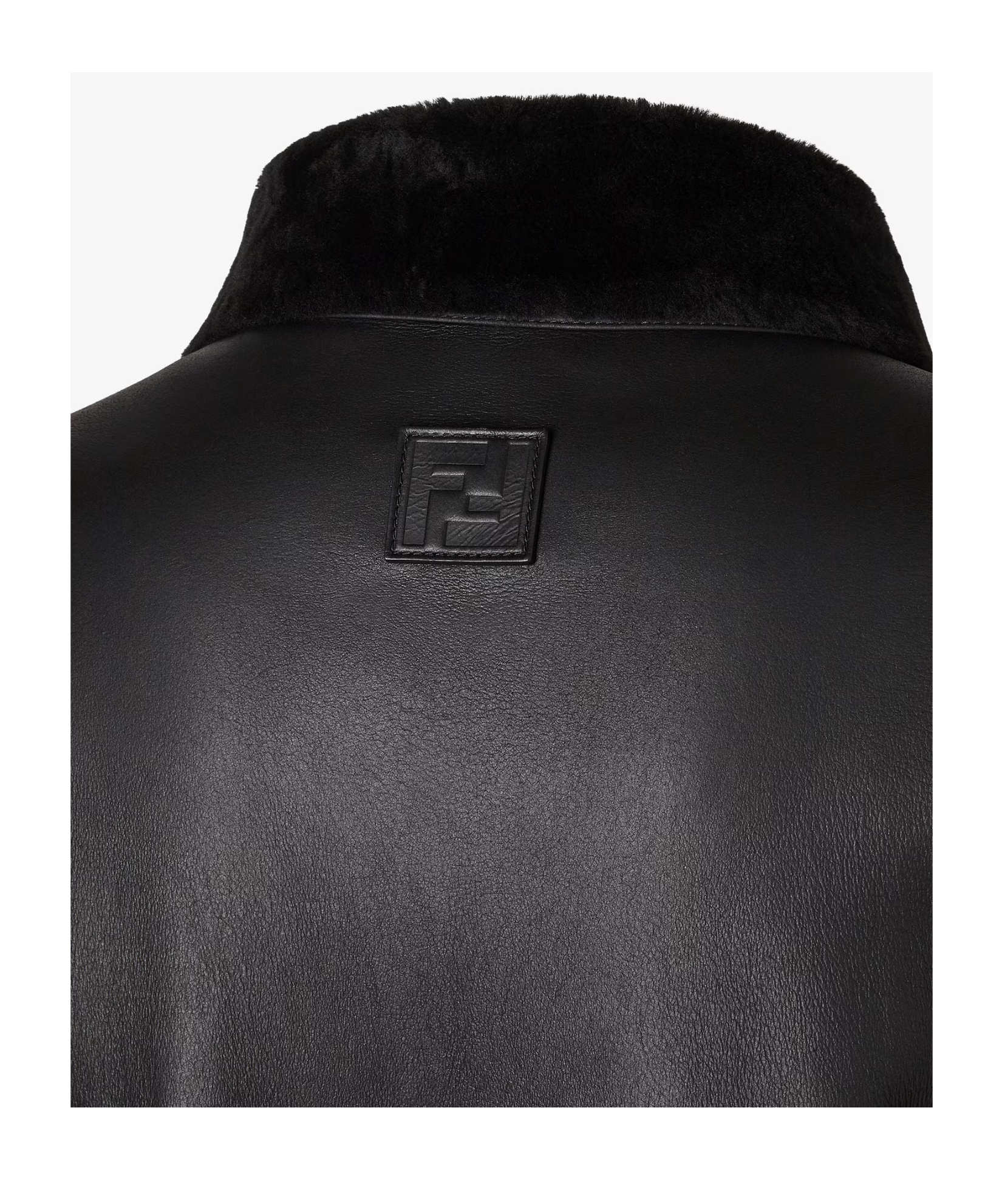 Fendi Men Black Shearling Jacket With Dropped Shoulders And Ff Patch On The Rear In Leather Man In Black