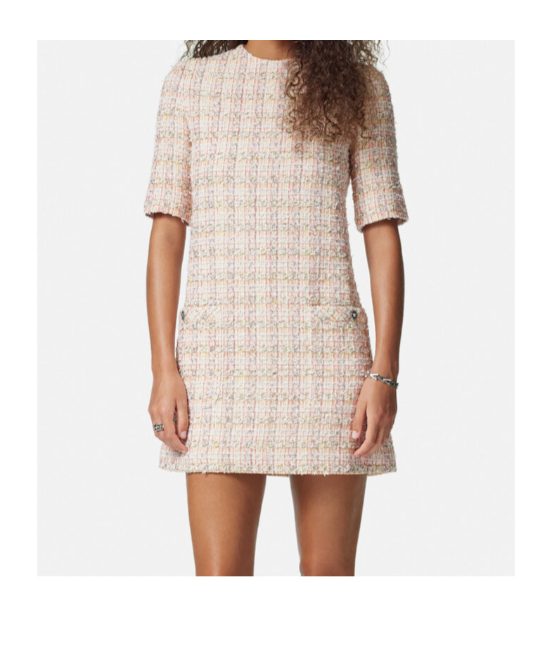 Versace Metallic Tweed Mini Dress In Nude