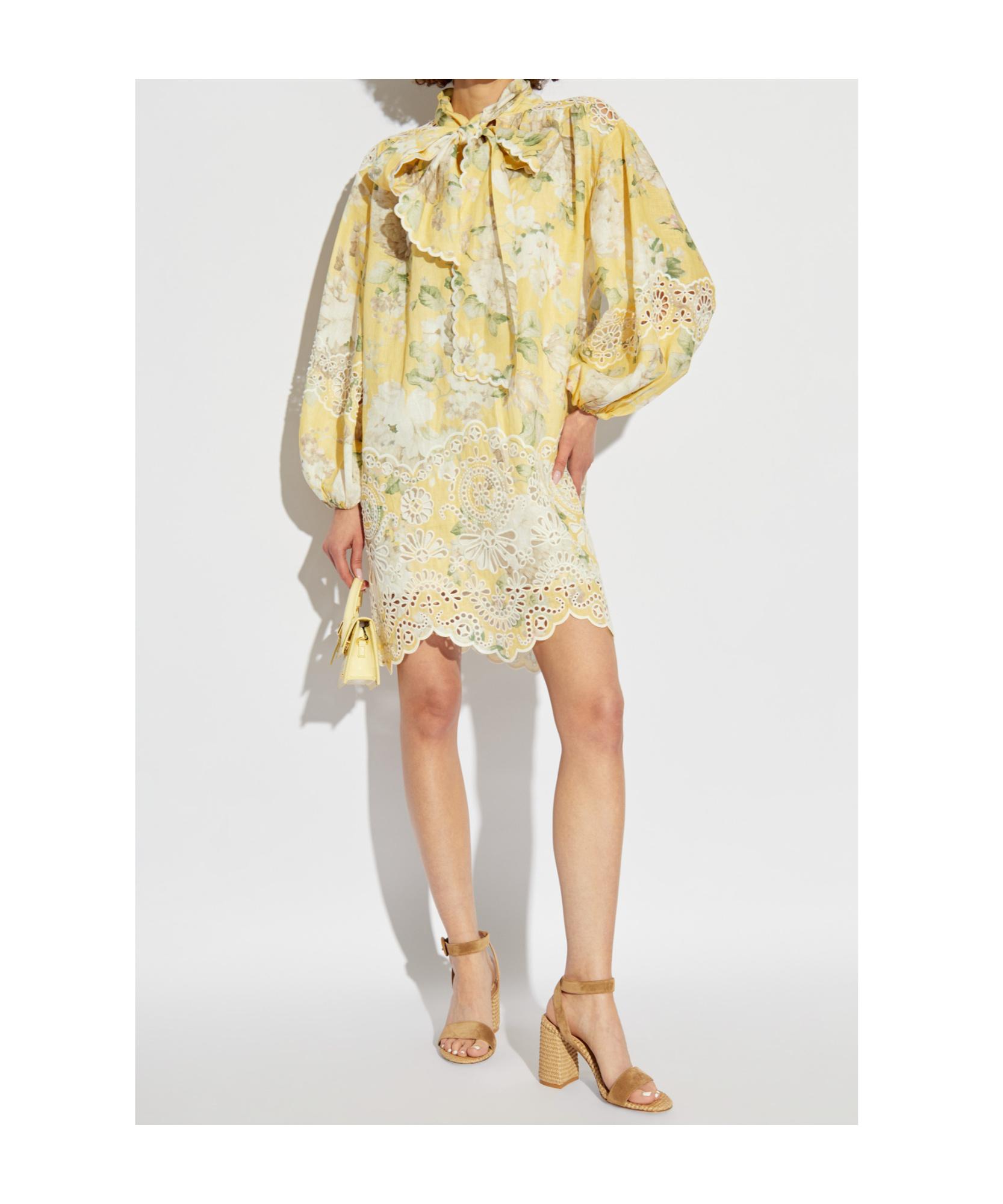 Zimmermann Broderie Anglaise-trimmed Floral-print Linen-gauze Mini Dress In Nude