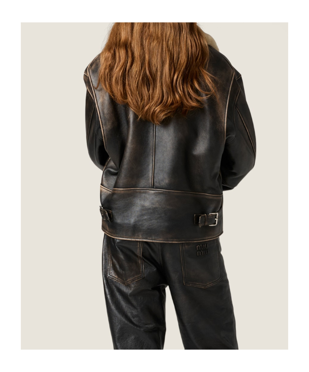 Miu Miu Lamb Shearling Collar Leather Jacket In Black