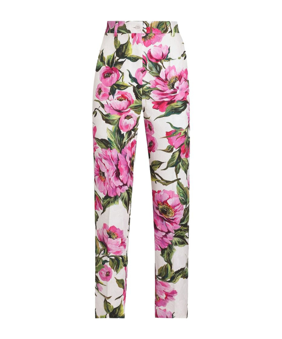 Dolce & Gabbana Peony Print Straight-leg Ankle Pants In Multicolor