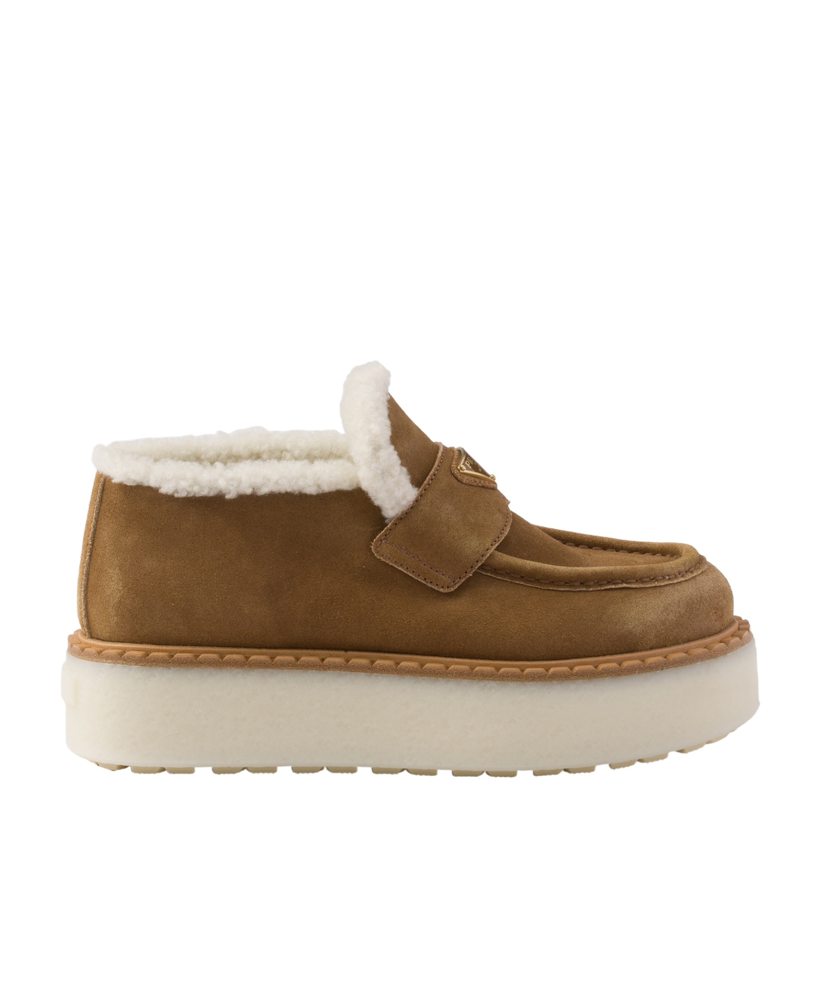 Prada Suede Shearling Flatform Loafers In Cinnamon